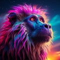 A captivating close-up shot of a Baboon illuminated with Synthwave colors by AI generated