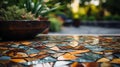 Intricate Earthy Mosaic Tiles in Serene Garden Patio