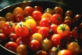 A captivating close-up showcases luscious red tomatoes spread out on the table. Generative AI