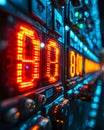Vivid electronic display panel with glowing red numbers and cool blue lighting, high-tech interface details. Royalty Free Stock Photo