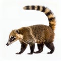 Captivating close-up of a south american coati with striking tail pattern on white background Royalty Free Stock Photo