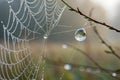 Delicate Spider Web with Dew Drops Glimmering in the Soft Morning Light Royalty Free Stock Photo