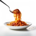 Captivating Close-Up: Steam-Rising Fork Twirls Perfectly Cooked Pasta with Rich Tomato Sauc