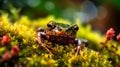 A captivating close-up of a tiny frog nestled within lush,