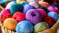 Captivating Close-Up of Vibrant Assortment of Colorful Yarn Balls and Soft Wool in Woven Basket AI Generated
