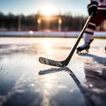 Frozen Precision: Close-Up View of a Hockey Stick on Ice