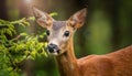 Curious Roe Deer in a Forest Setting A Vibrant Morning Glimpse of Enchanting Wildlife Amidst Lush Greenery and Dappled Sunlight, Royalty Free Stock Photo