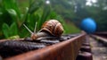 Slow and Steady: Closeup of a Snail on a Rail