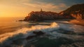 Captivating coastal sunset with beach, vibrant sky, building, ocean, gentle waves, distant urban architecture, and serene sea