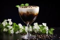 A captivating coffee-based beverage in a glass, placed on a rich, dark surface, promising moments of sheer pleasure