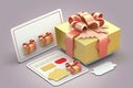 Gift box and tablet pc on grey background