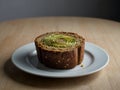 a plate with a slice of bread on it and a piece of bread with a green onion Enthralling Zucchini Royalty Free Stock Photo