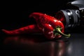Ai Generative Hot chili peppers and old camera on a black background. Selective focus Royalty Free Stock Photo