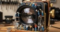 Miniature Workers Meticulously Maintaining a Vintage Camera Lens Royalty Free Stock Photo