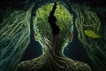 Conceptual image of human head made of green leaves and tree roots Royalty Free Stock Photo