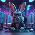 Rabbit Programmer or Hacker Working in Dark Cyber Office Royalty Free Stock Photo