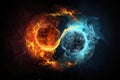 A captivating and contrasting swirl of fire and ice against a dark background, creating a mesmerizing visual spectacle, Fire and