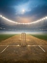 Captivating cricket stadium under bright floodlights, ready for thrilling night match action Royalty Free Stock Photo