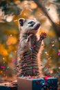 Captivating Cute Raccoon Standing and Enjoying Colorful Confetti Fall in Autumn Themed Setting