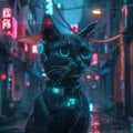 A captivating cyberpunk-inspired image of a cat with futuristic headphones and neon reflections, standing in the rain