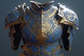 Ai Generative Bronze armor of the medieval knight on a dark background close-up 3d illustration