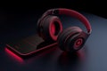 Ai Generative Headphones and smartphone on black background. 3d illustration. Music concept