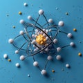 3D rendered abstract atomic structure with yellow core, white spheres, metallic rings on blue background. Royalty Free Stock Photo