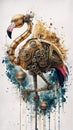A captivating 3D render of a steampunk-inspired brass robot flamingo Royalty Free Stock Photo