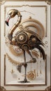 A captivating 3D render of a steampunk-inspired brass robot flamingo Royalty Free Stock Photo