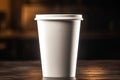 Ai Generative Blank paper coffee cup mockup on wooden table in cafÃ©. 3d rendering