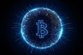 Ai Generative Bitcoin icon hologram on blue background. Cryptocurrency concept. 3D Rendering