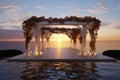 Captivating 3D rendering of a wedding pavilion, sea sunset in the background Royalty Free Stock Photo