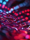 A captivating 3D stage featuring intricate dynamic lines illuminated by a vibrant mix of red and blue lights creating a