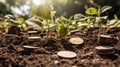 Ai Generative Plant seedling growing from coin seed in morning light. Environment and Ecology concept