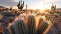 Desert cactus landscape with sunset