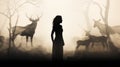 Enigmatic Woman In Forest With Deer - Realistic Fantasy Artwork