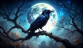 A mystical raven perched on a branch with a full moon and dramatic night sky background Royalty Free Stock Photo