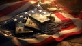 A veteran's dog tags resting on a folded American flag Royalty Free Stock Photo