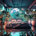 Futuristic Bedroom with Glitch Art and Neon Hues Royalty Free Stock Photo