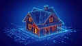 Futuristic Digital House Blueprint with Neon Lines and Data Structure