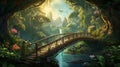A captivating digital illustration portraying a wooden bridge in a fantasy landscape, AI-generated