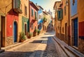 A street with colorful buildings.