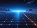 Futuristic Digital Grid Landscape with Glowing Lines and Mountains Royalty Free Stock Photo