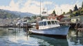 Photorealistic Seaport Illustration With Capri 22 Boat In Muted Neutral Colors