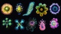 Evolving bacteria displayed in a vibrant sequence showcasing diverse forms and structures under microscopic view