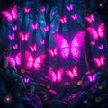 A captivating display of luminous butterflies in a tranquil forest.