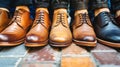 A captivating display of neatly lined up mens business shoes, showcasing a diverse range of colors, styles, and sizes