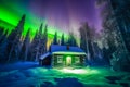 A captivating display of the northern lights, the Aurora borealis, illuminates the wooden house and creates a magical