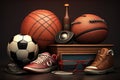 Sport equipment and balls on a dark background