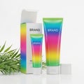Vibrant rainbow gradient cosmetic packaging mockup tubes box beauty product display Royalty Free Stock Photo